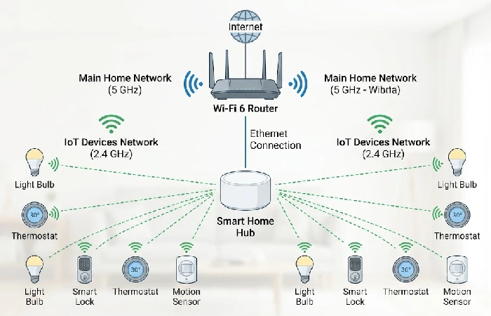 Network diagram showing router connected to smart home hub via Ethernet with devices on a separate 2.4 GHz IoT network