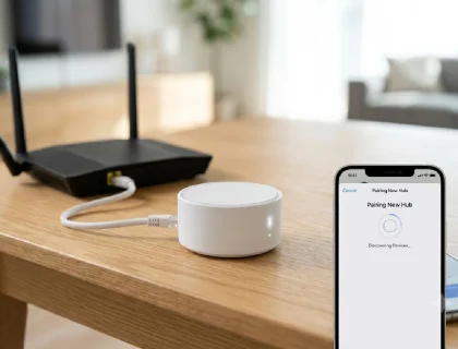 Smart home hub on a table connected to router with companion app open on a phone showing device pairing screen