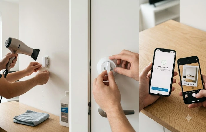 Step-by-step visual showing adhesive removal, hardware reinstall, and condition photo documentation