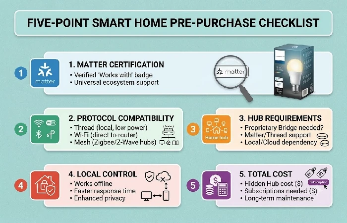Five-point pre-purchase compatibility checklist: Matter cert, protocol, hub, local control, total cost