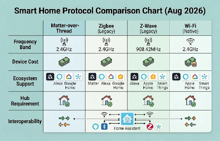 Comparison chart of Matter, Zigbee, Z-Wave, and Thread showing frequency, cost, and ecosystem support