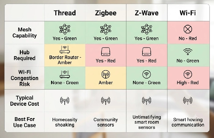 Comparison chart of Thread, Zigbee, Z-Wave, and Wi-Fi protocols showing mesh support, hub requirement, and congestion risk