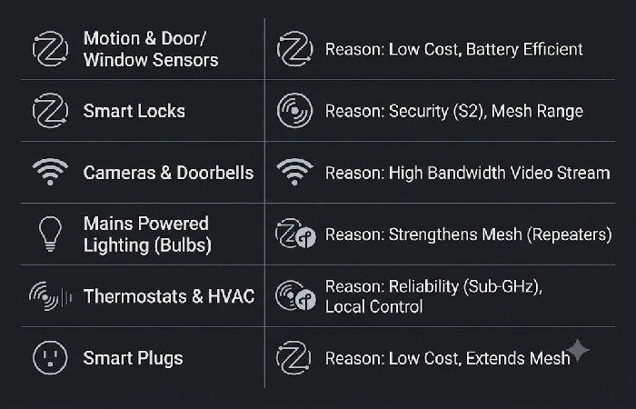 Decision matrix mapping six smart home device categories to recommended wireless protocols with reasons