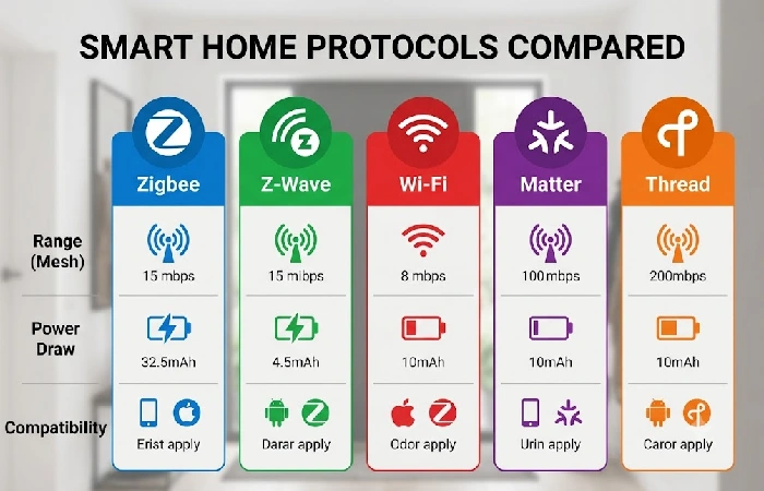 Comparison chart of Zigbee, Z-Wave, Wi-Fi, Matter, and Thread protocols showing range, power, and compatibility