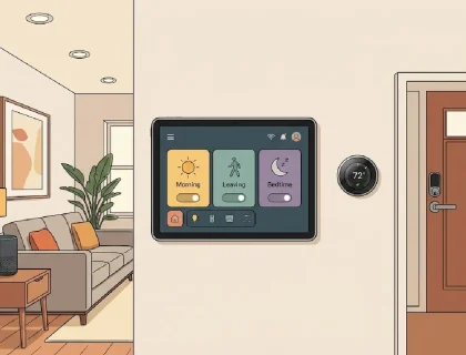 Smart home dashboard showing morning, departure, and bedtime routines across connected devices