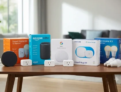 Five smart home starter kits for beginners arranged on a table with a smart speaker, plugs, and bulbs