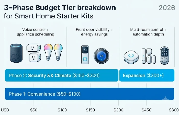 Three-phase smart home budget breakdown from fifty dollars to three hundred dollars plus