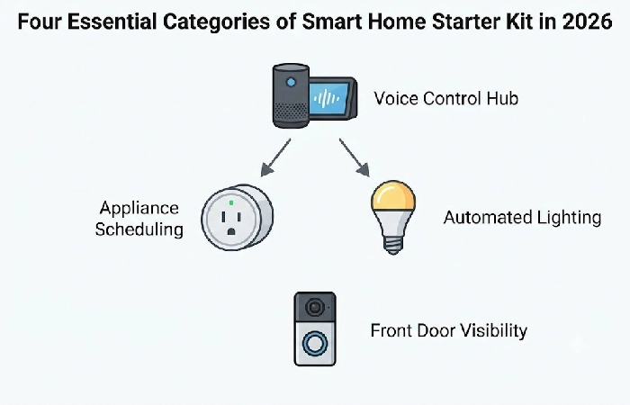 Diagram showing four essential smart home starter kit categories: speaker, plugs, bulbs, doorbell