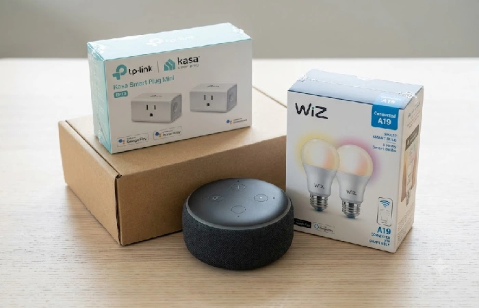 Three-device smart home starter kit containing Echo Dot, Kasa plug pack, and WiZ bulb pack