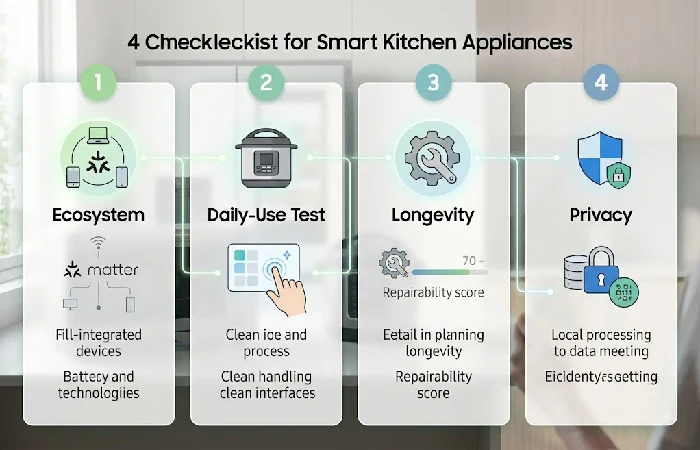 Four-point buying checklist for smart kitchen appliances covering ecosystem, usage, longevity, and privacy