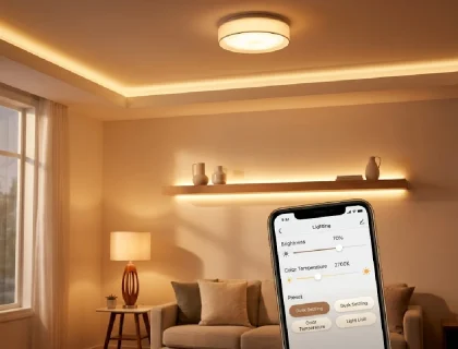 Modern living room with smart LED strips and overhead lights glowing in warm white, controlled by a smartphone app on-screen