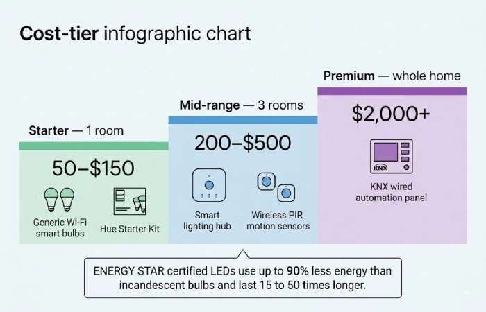 Infographic showing three smart lighting cost tiers: starter at 50–150, mid-range at 200–500, and premium above $2,000