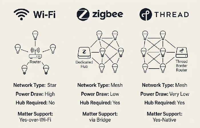 Diagram comparing Wi-Fi, Zigbee, and Thread smart lighting protocols by network type, power draw, and Matter compatibility