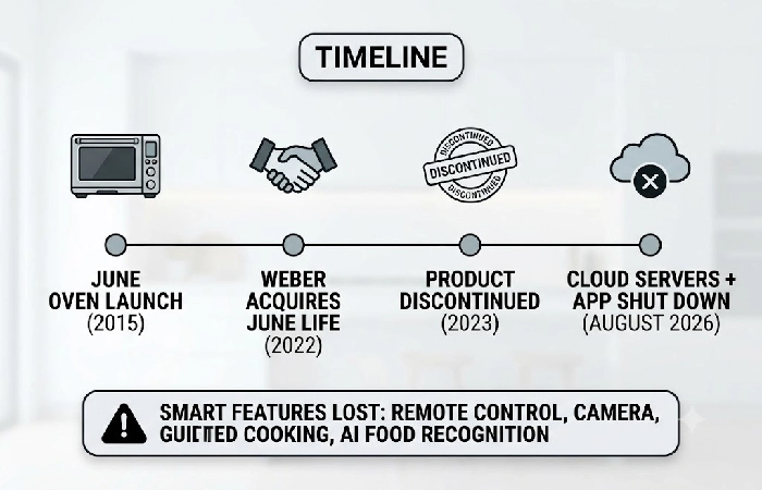 Timeline showing June Oven lifecycle from launch to cloud shutdown in 2026 illustrating smart appliance obsolescence risk