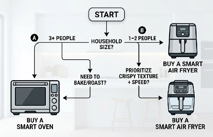 Decision flowchart showing whether to buy a smart oven or air fryer based on household size and cooking needs
