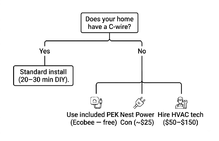 Decision flowchart for smart thermostat C-wire installation showing three options by cost