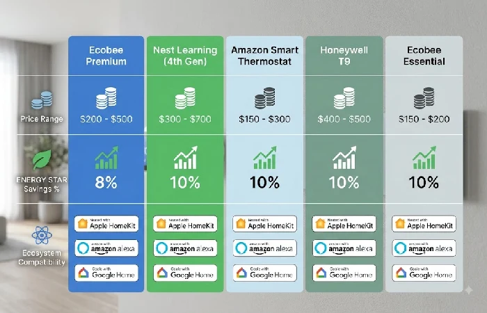 Comparison chart of 5 smart thermostats showing price, energy savings, and ecosystem compatibility for 2026