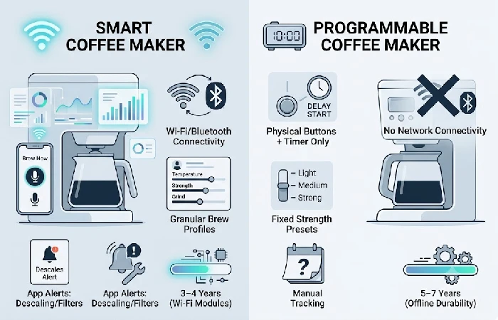 Infographic comparing smart and programmable coffee maker features across five categories