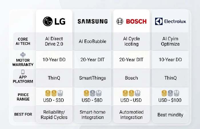 LG vs Samsung vs Bosch vs Electrolux smart washer brand comparison matrix for 2026