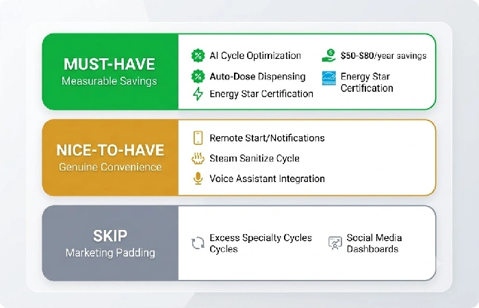 Smart washer feature tier list ranking must-have, nice-to-have, and skip features by cost savings impact