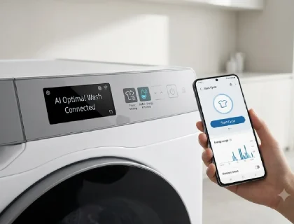 Smart washing machine control panel showing AI cycle selection and app connectivity for 2026 buyer's guide