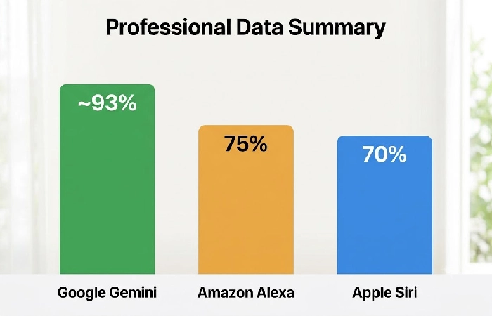 Bar chart showing voice assistant response accuracy for Google Gemini, Amazon Alexa, and Apple Siri from 2026 tests