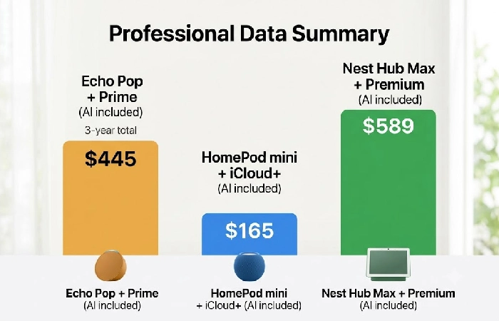 Bar chart comparing three-year ownership cost of Echo Pop, HomePod mini, and Nest Hub Max including AI subscriptions