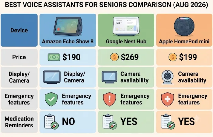 Side-by-side comparison chart of Echo Show 8, Nest Hub, and HomePod mini pricing and features for elderly users