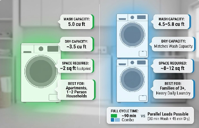 Washer dryer combo vs separate units comparison chart showing capacity, cycle time, and space requirements