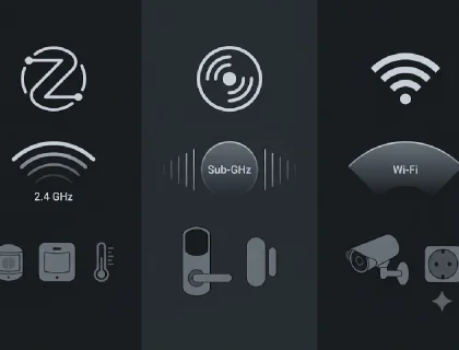 Zigbee Z-Wave and Wi-Fi protocol icons compared side by side for smart home device selection