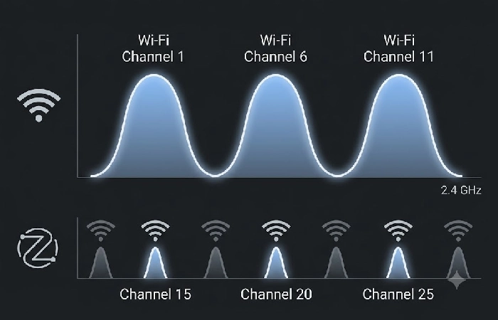 Diagram showing Wi-Fi channels 1 6 11 and Zigbee channels 15 20 25 on the 2.4 GHz spectrum with non-overlapping zones highlighted
