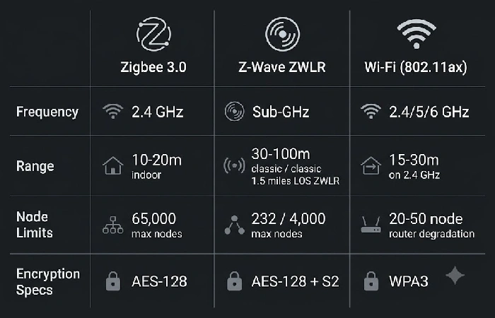 Comparison table showing Zigbee Z-Wave and Wi-Fi frequency range node limits and encryption specs