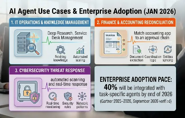 Icon grid showing AI agent business use cases: IT operations, finance, and cybersecurity