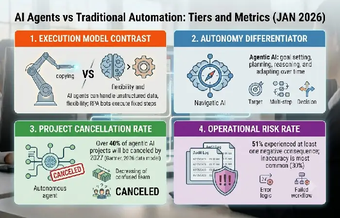 Side-by-side comparison graphic of AI agents vs RPA across autonomy and data structure
