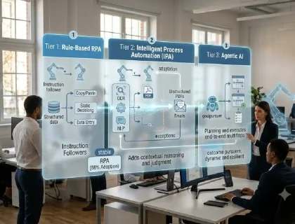 Diagram showing the AI automation spectrum from rule-based RPA to intelligent automation to agentic AI systems