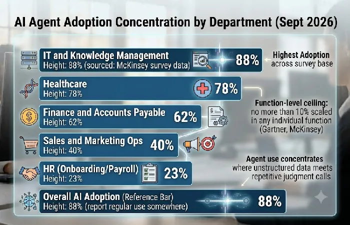 Horizontal bar chart showing AI agent adoption concentration in IT, knowledge management, and healthcare