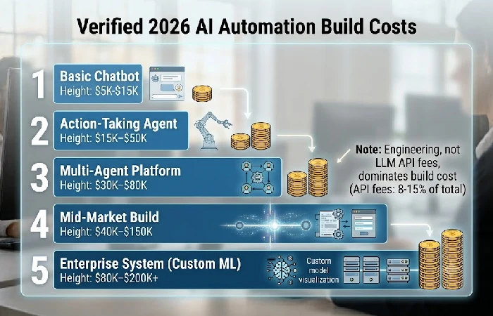 Bar chart of 2026 AI automation build costs from $5K chatbots to $200K+ enterprise systems
