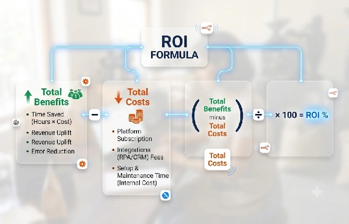 ROI formula infographic: total benefits minus total costs divided by total costs times 100