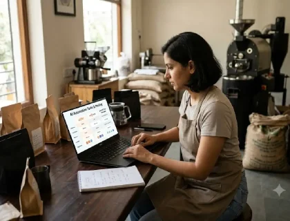 Small business owner reviewing AI automation tools and pricing on a laptop