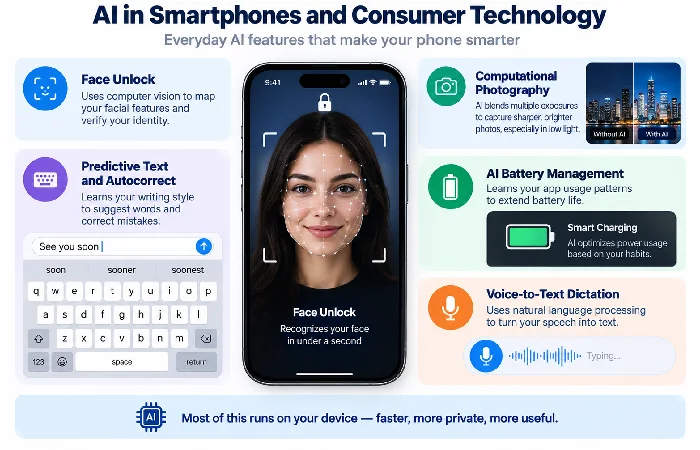 Smartphone AI features including face unlock and predictive text