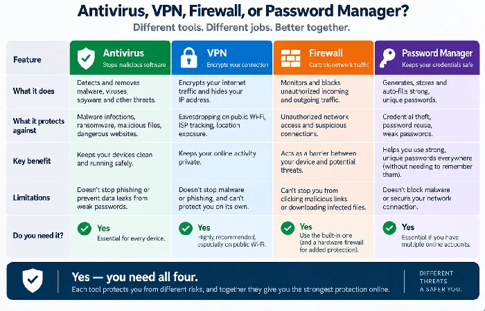 Antivirus vs VPN vs firewall vs password manager comparison table