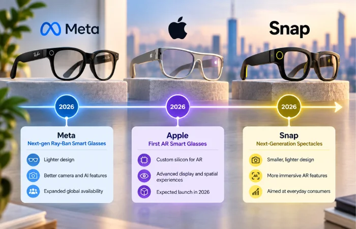 Timeline of Meta, Apple, and Snap smart glasses launches in 2026