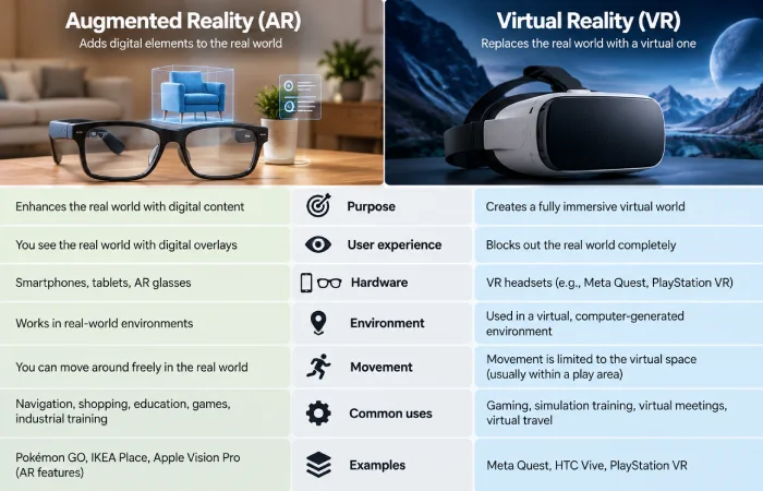 Side-by-side comparison table of augmented reality and virtual reality