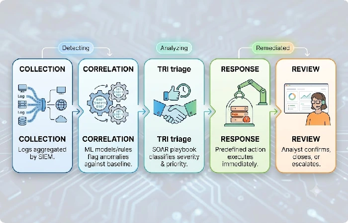 Diagram of automated threat detection and response workflow steps