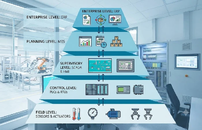 Five-level automation pyramid: field, control, supervisory, planning, enterprise layers