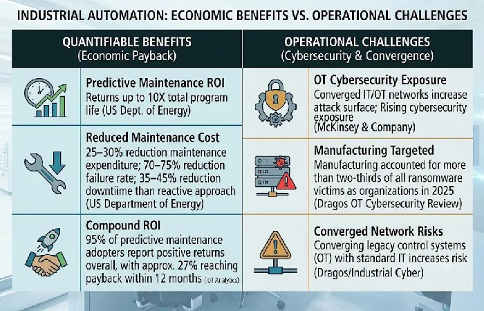 Table comparing predictive maintenance ROI stats against OT ransomware risk data