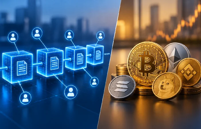 Diagram distinguishing blockchain ledger structure from cryptocurrency