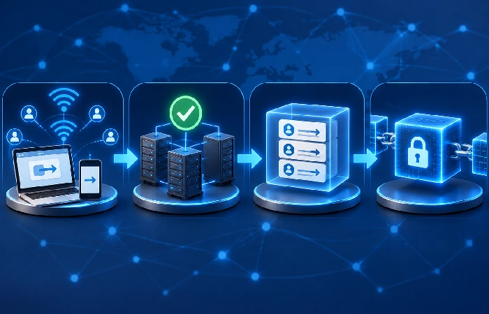 Four-step flowchart of broadcast, verification, grouping, and confirmation