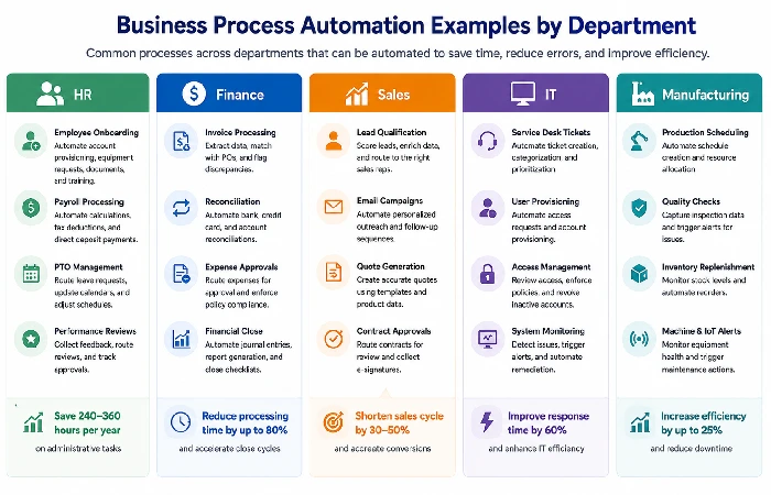 Business process automation examples by department: HR, finance, sales, IT, manufacturing 