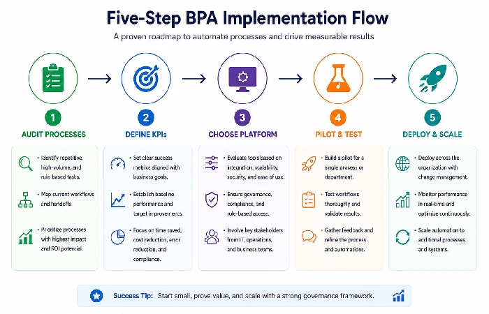 Five-step BPA implementation flowchart: audit, define KPIs, choose platform, pilot, deploy 